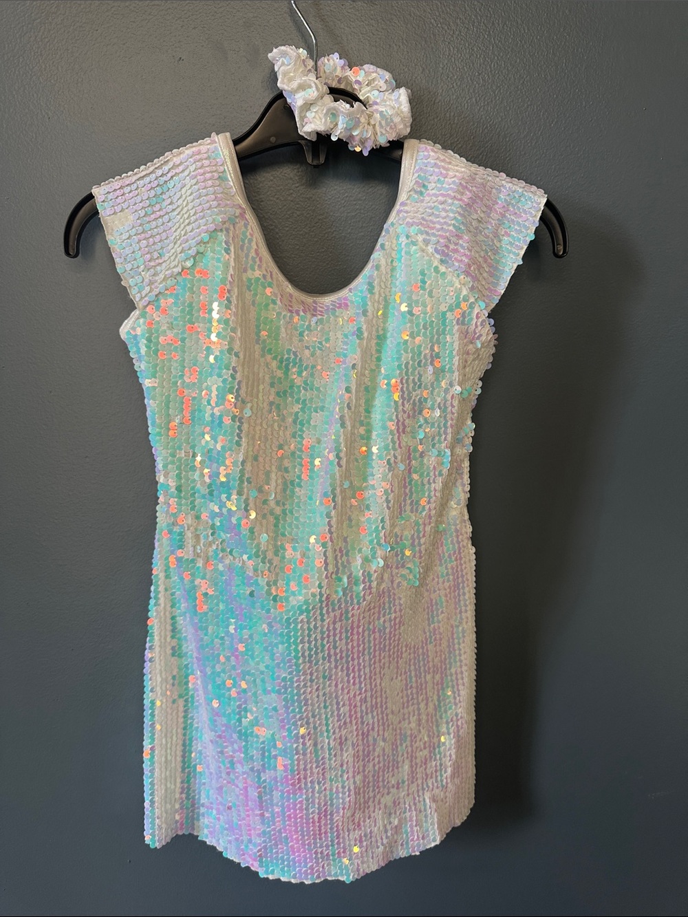 Iridescent Sequin Shift Dress with Matching Scrunchie and built in leo